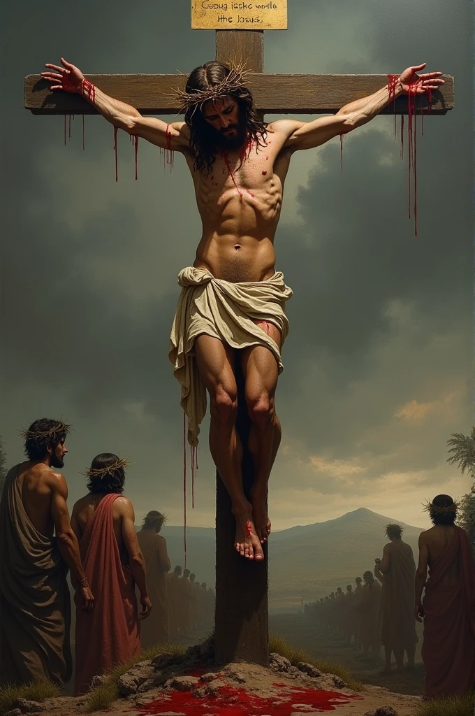 Draw Jesus crucified on the cross with his body mutilated by torture.