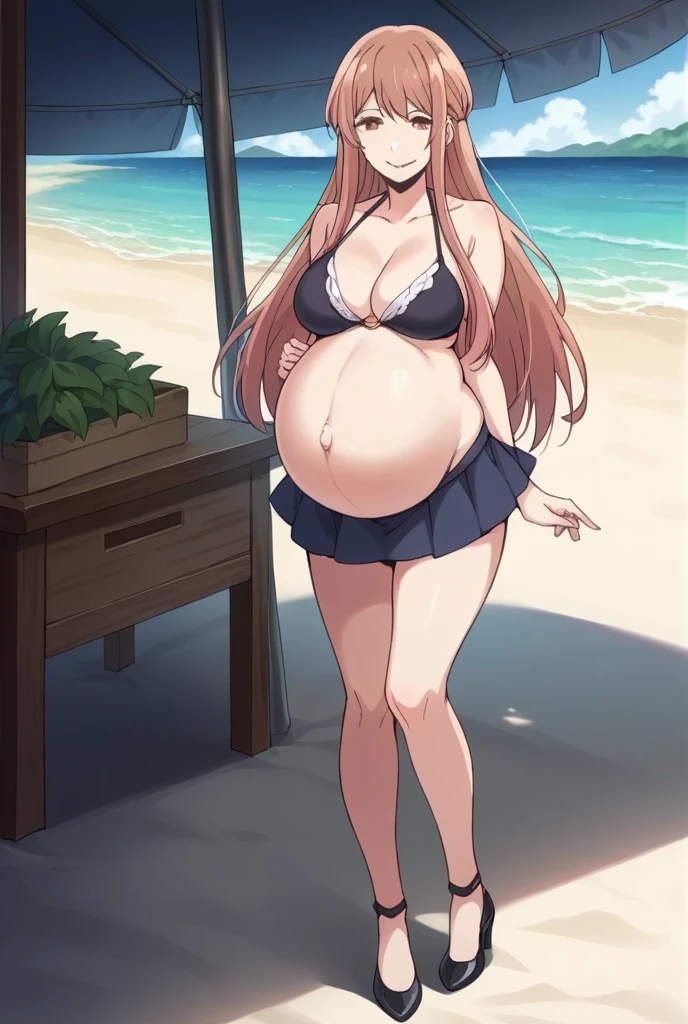 score_9, score_8_up, score_7_up, source_anime,
akaneminagawa, akane minagawa, long hair, bangs, brown hair, brown eyes, Big breasts,
Bikini, skirt, Heels, big belly, large belly, Beach, background, rubing belly, smile,
looking at viewer, cowboy shot, solo, pregnant, possing