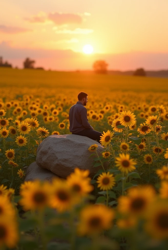 man sitting on a rock in the sunflower field during a sunset 
make the man more smaller and he should be sitting inside the field
more number of sunflower
make the sunflowers small and increase the number of flowers