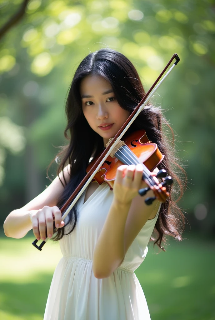 a woman with black long hair playing violin, white dress, close up anglee