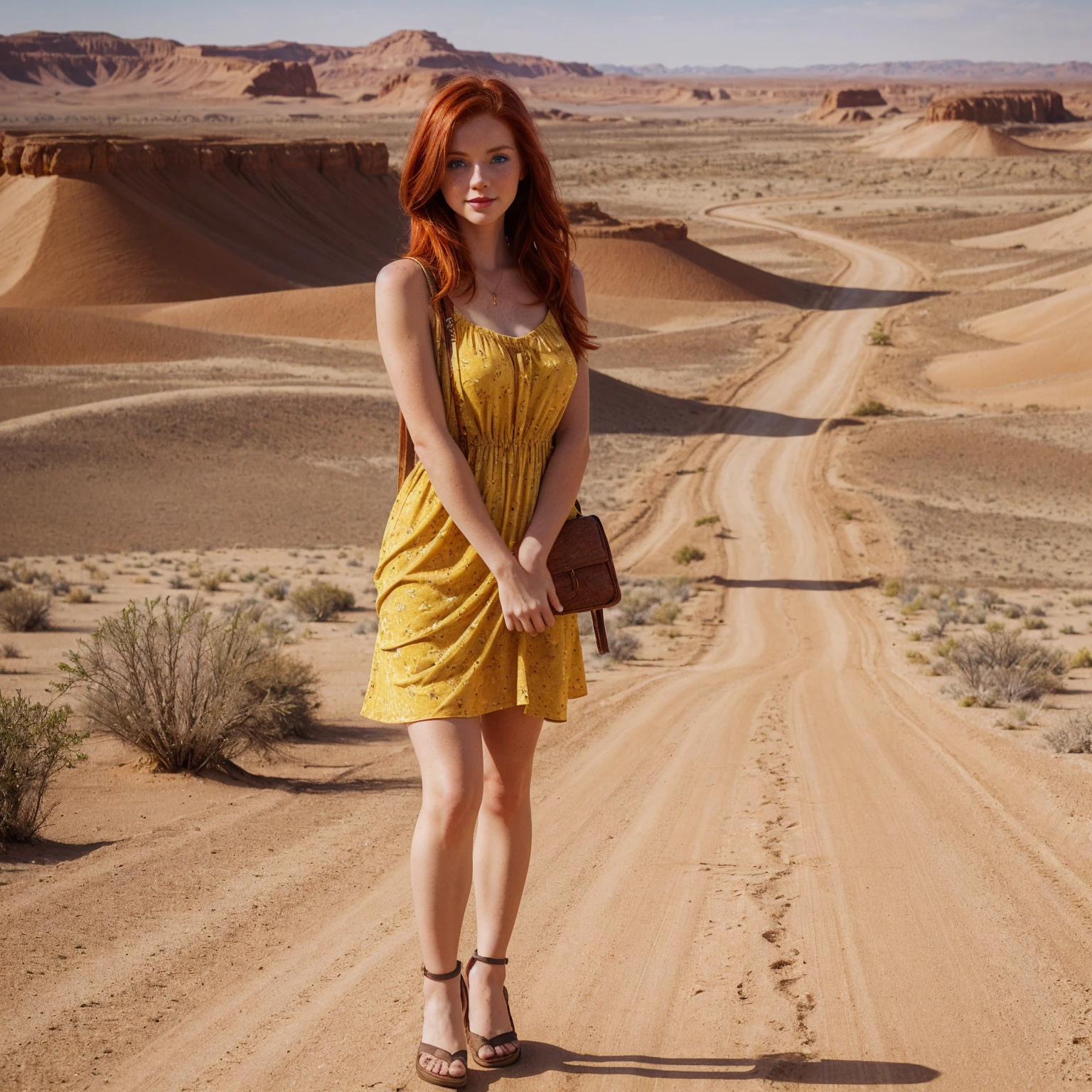 a redhead girl, 28 years old, ((best quality)), ((detailed)),(masterpiece), (American), ((blue eyes)) long hair, freckles, red lips, slightly smiling, standing, wearing a yellow sexy short dress, small handbag in one hand, ((desert carpet road background in side)), capture to thighs