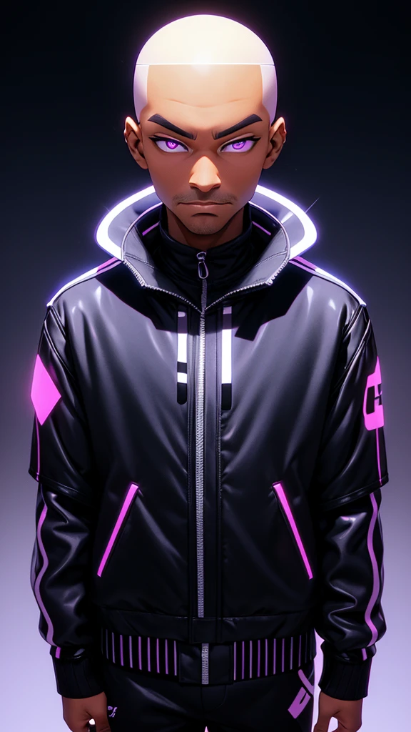 Create an image 3D cartoon mascot of a 37-year-old Black man with no beard. He has a shaved head, large expressive eyes, and pronounced cheekbones. The mascot is wearing a sleek black jacket with reflective strips. His facial expression is calm and confident. The style is vibrant and modern, inspired by 3D animated characters from Pixar. The background is a simple, gradient color to make the mascot stand out. Add a slight glow effect to enhance the 3D appearance.