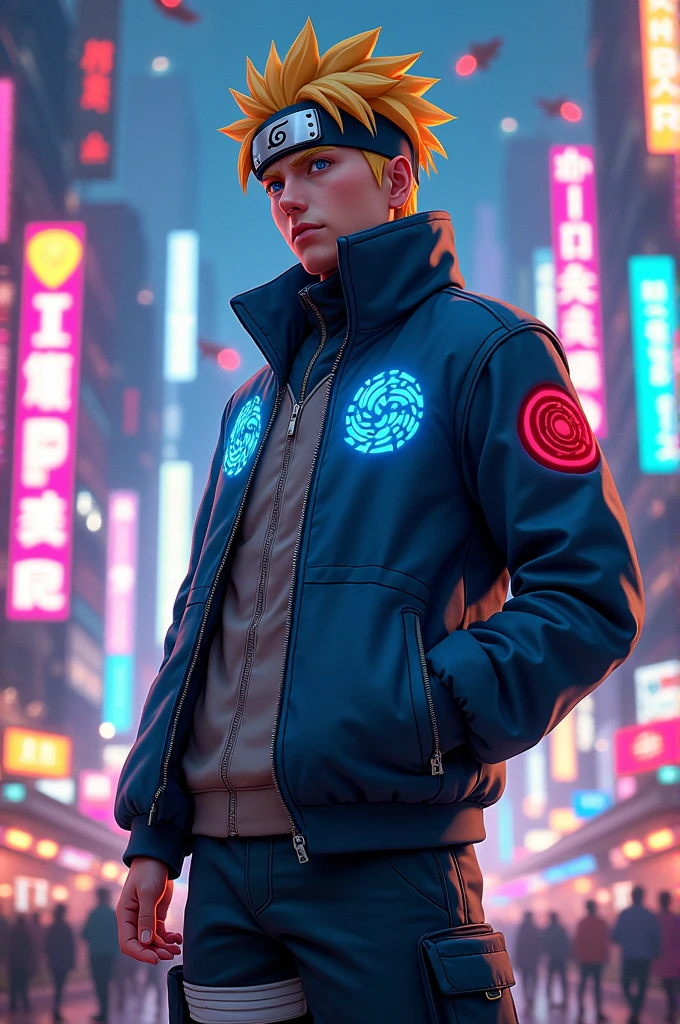 Naruto with Jacket and background in future strick city
