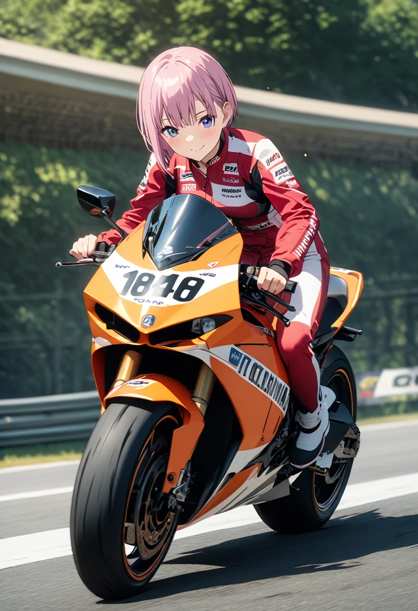 (Highest quality, 4K, 8k, High resolution, masterpiece:1.2), Very detailed, Picturesque, Anime-style photos, Photo animation:1.37)、Japanese、(Pink Hair)、(Pixie Cut)、smile、Black choker、Racing Suits、Riding a race replica motorcycle、whole body、Nakano Ichika