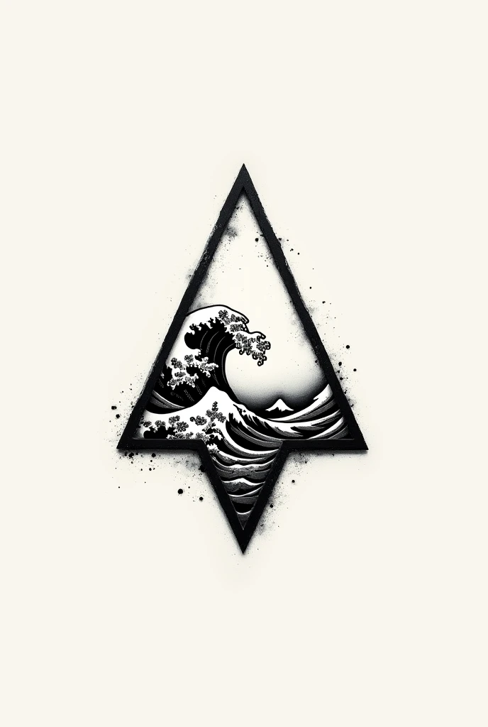 A blackwork and stippling style tattoo decal of a triangle with an ocean wave inside, using finer lines.