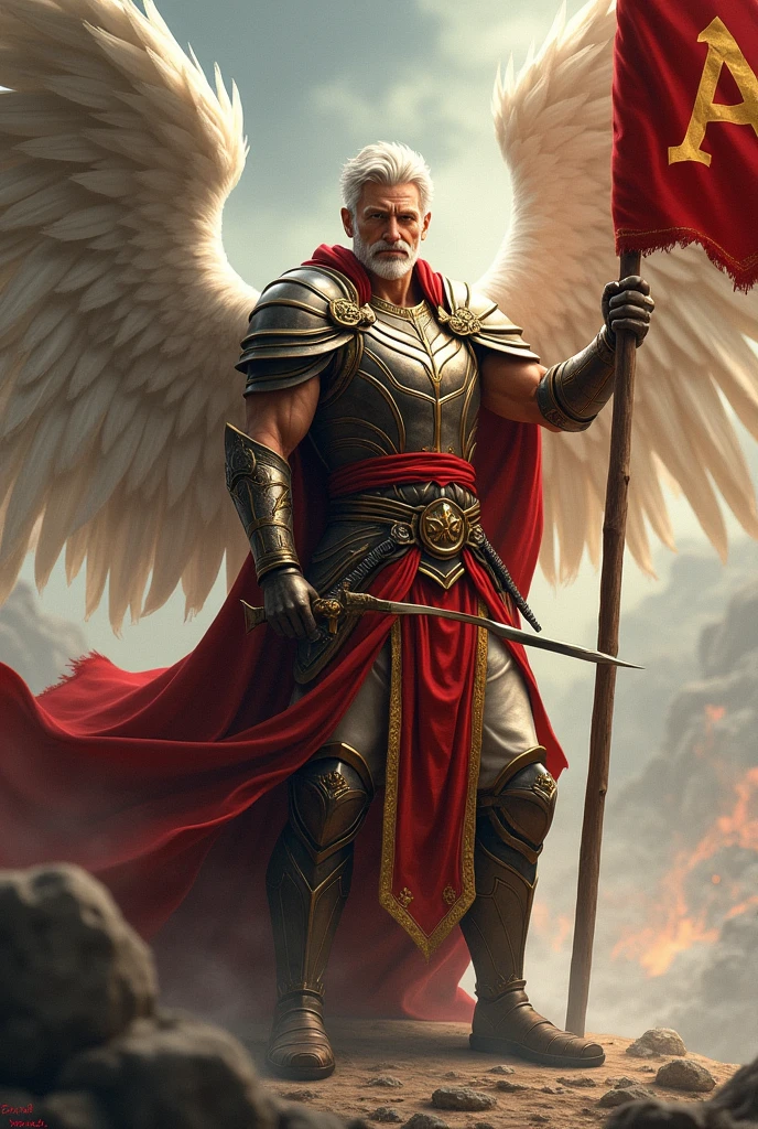 ((best quality)), ((masterpiece)), (detailed), perfect face. Create an epic piece of art featuring an angel of justice looking into the camera that embodies the essence of a god of war and victory. He stands gracefully with a waving flag in his right hand with "AoE" written on it. Next to him is a sign that says "King Kodo's Empire"