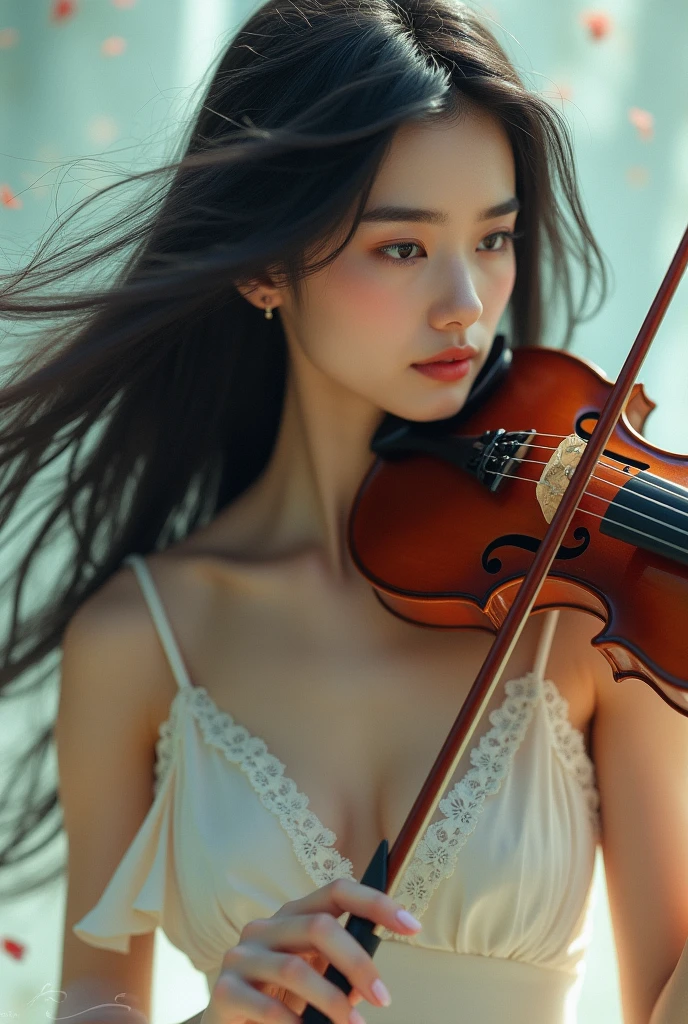 a woman with black long hair playing violin anime, white dress, close up anglee