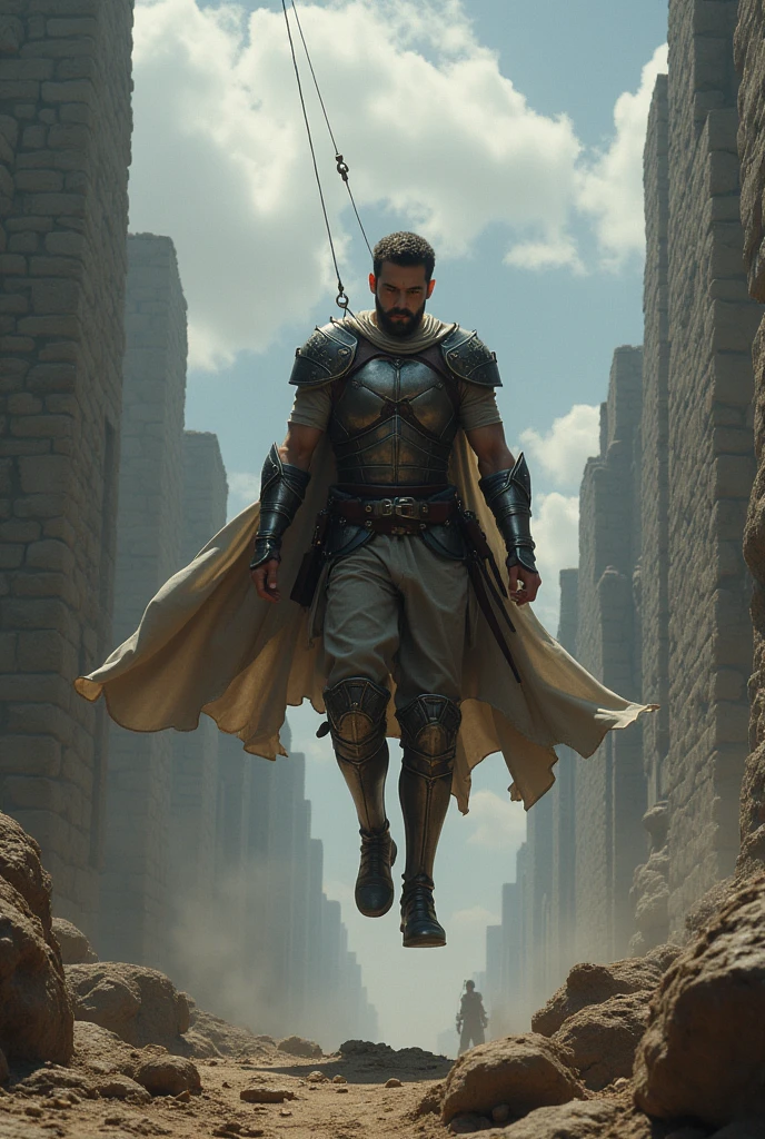 Man in light armor on his torso and lower limbs, a double steel hook cable at his waist which he uses for air transport while fighting his enemies in a medieval world similar to Mikasa from the anime Attack on Titan.




