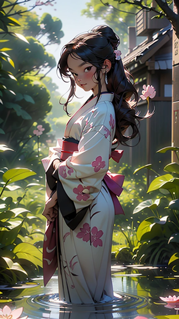 "Create a vibrant scene of a cherry blossom festival during twilight, featuring a character in a traditional kimono. The character should be standing under a canopy of pink blossoms, with lanterns gently glowing around them. The background should showcase a serene park with a small pond reflecting the blossoms and lantern light, reminiscent of the art style from Your Name."