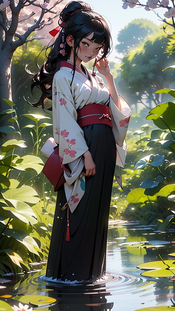 "Create a vibrant scene of a cherry blossom festival during twilight, featuring a character in a traditional kimono. The character should be standing under a canopy of pink blossoms, with lanterns gently glowing around them. The background should showcase a serene park with a small pond reflecting the blossoms and lantern light, reminiscent of the art style from Your Name."