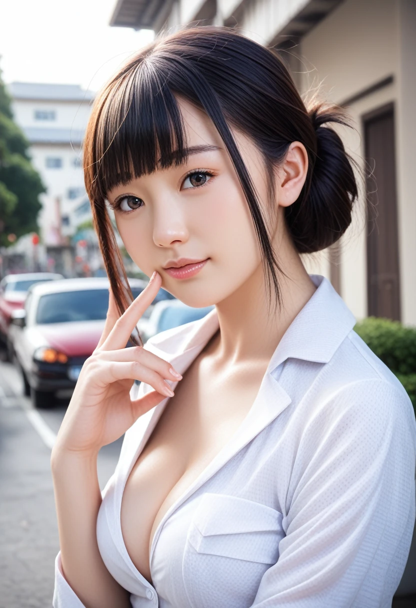 8k, raw photo, best quality, masterpiece, realistic, photo realistic, clear, professional lighting, beautiful face, best quality,ultra high res, realistic japanese beautiful, Super detailed, detailed fingers, solo,  1girl,  bangs, shiny hair, detailed hair, medium breasts, curvy, scenery,  casual wear, tokyo town, furrowed brow