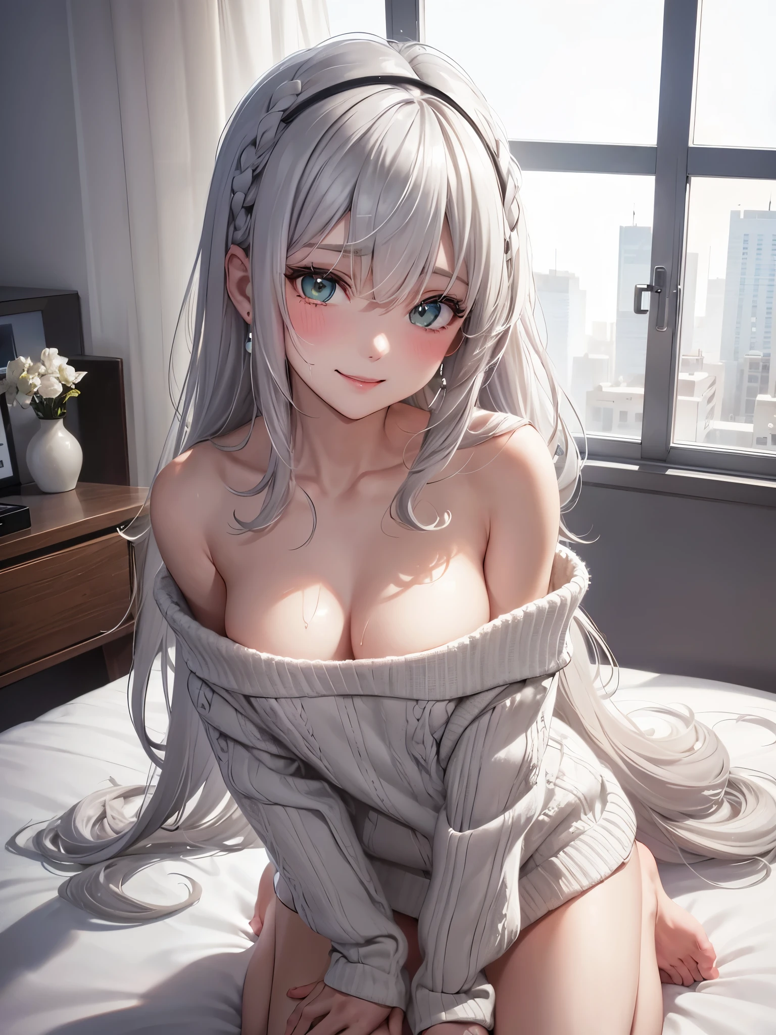 1Girl, Solo, Anime, Ideal body, (Cleavage, Small breast). Beautiful, Gorgeous, Fresh, Blunt Bangs, (White Grey Hair:1.5),(Straight and Wavy Long Hair:1.3), Virgin Sweater, Off-Shoulder, Cotton Sweater, Comfort, Robe, Wool. (Comfort Kneel:1.3). Earrings, Thin Black Headband, Green Accessories, Environmental Details, Bed Room, Natural Light, Modern Bed, Chair, Window, White Curtain, City View. pov, anime style, UHD, retina, masterpiece, accurate, anatomically correct, textured skin. High Resolution, Looking at viewer, Blush, Best Quality, Award Winning, Accurate, Embarrassed, seductive smile, sweating, Naughty Face, Naughty smile, Gradient Eye Color, Sexy Pose. Cowboy Shot,