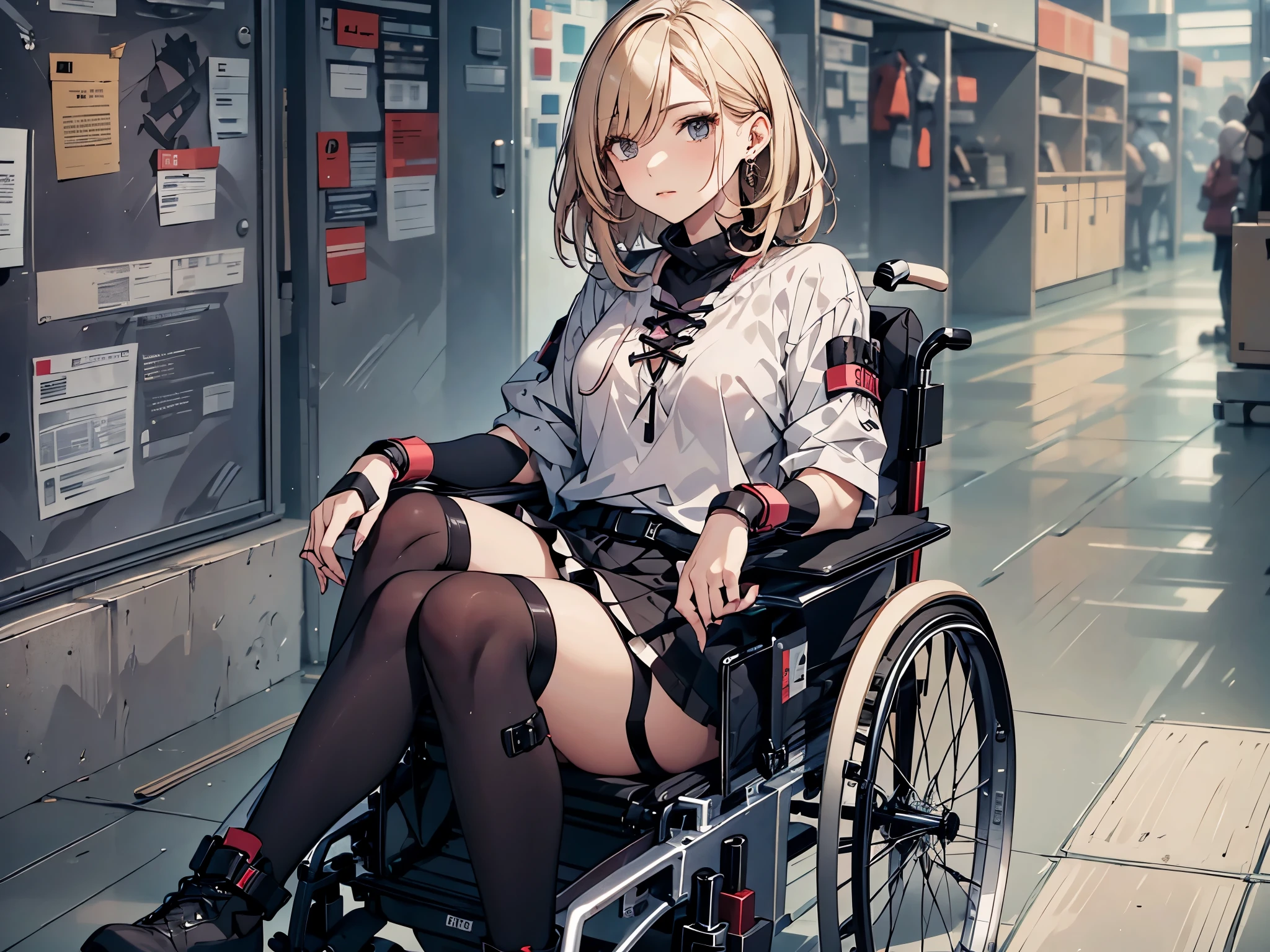 24 years old disabled woman in reclining electric wheelchair,hair above eyes,middle twintales blonde hair,gothic style fashion,pink sweater with vertical lines,black pleated skirt,earrings,garter belt,black knee socks, lace up long boots,arm brace,leg brace.