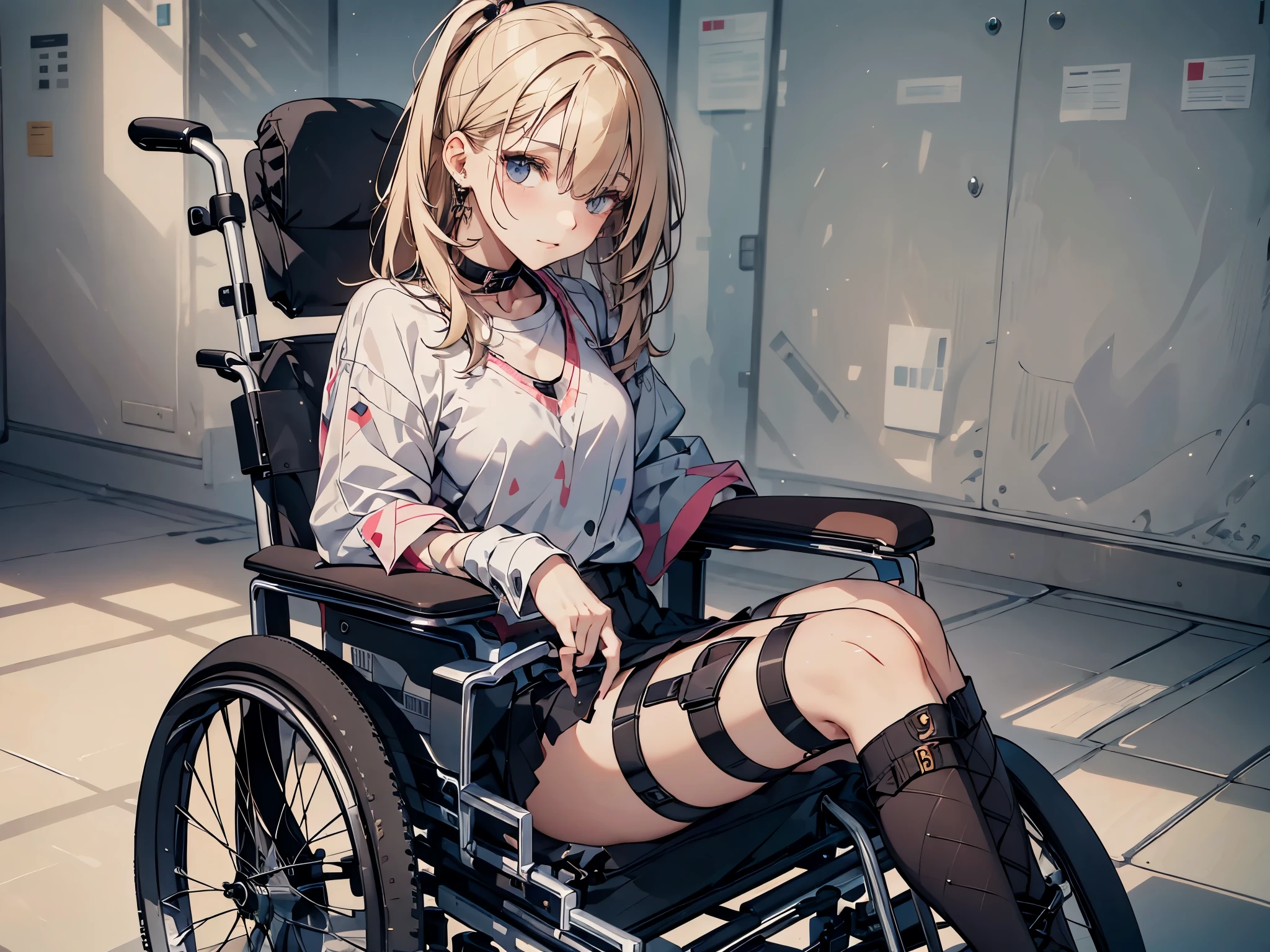 24 years old disabled woman in reclining electric wheelchair,hair above eyes,middle twintales blonde hair,gothic style fashion,pink sweater with vertical lines,black pleated skirt,earrings,garter belt,black knee socks, lace up long boots,arm brace,leg brace.