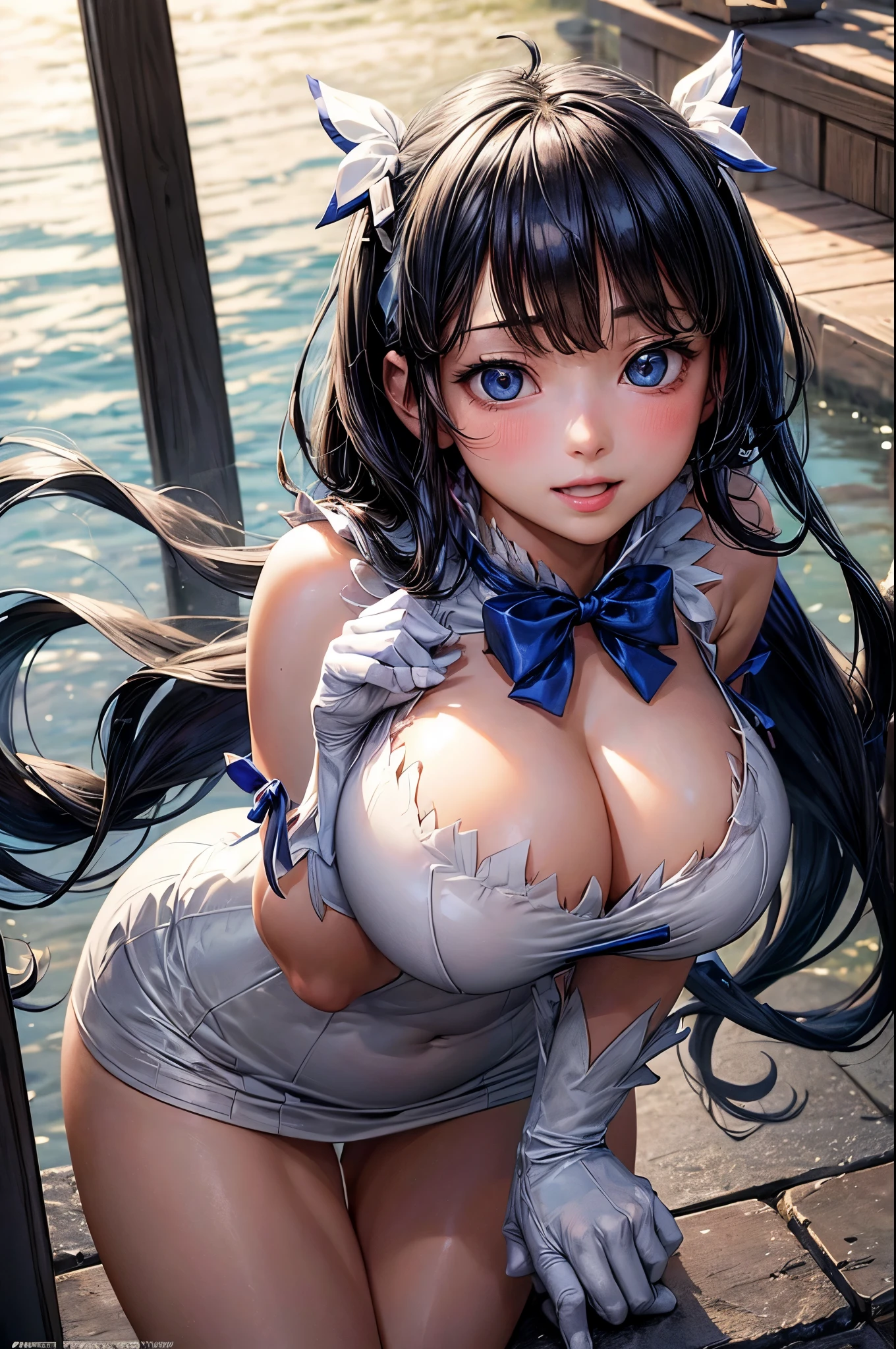 (masterpiece, Highest quality:1.3), (Super detailed:1.4),(Super detailed顔:1.2),(Super detailed目:1.2), (hyperRealistic:1.3), (RAW Photos:1.2), High-definition RAW color photos, Professional photos, (PhotoRealistic:1.4), (Realistic:1.4),8k,Professional Lighting, Perfect Anatomy, BREAK,(Big Breasts:1.6),(blush:1.2),(Bright smile:1.2),detail, Sharp focus, dramatic,dutch angle,hestia (danmachi), long hair, blue ribbon, twintails, gloves, ribbon, dress, Rei no himo, Blue eyes, black hair, white gloves, cleavage, white dress, hair ribbon, bow, sleeveless, sleeveless dress, bangs, cleavage cutout, hair ornament, bowtie, clothing cutout, very long hair, covered navel, arm ribbon,(Sexy gravure pose:1.3)