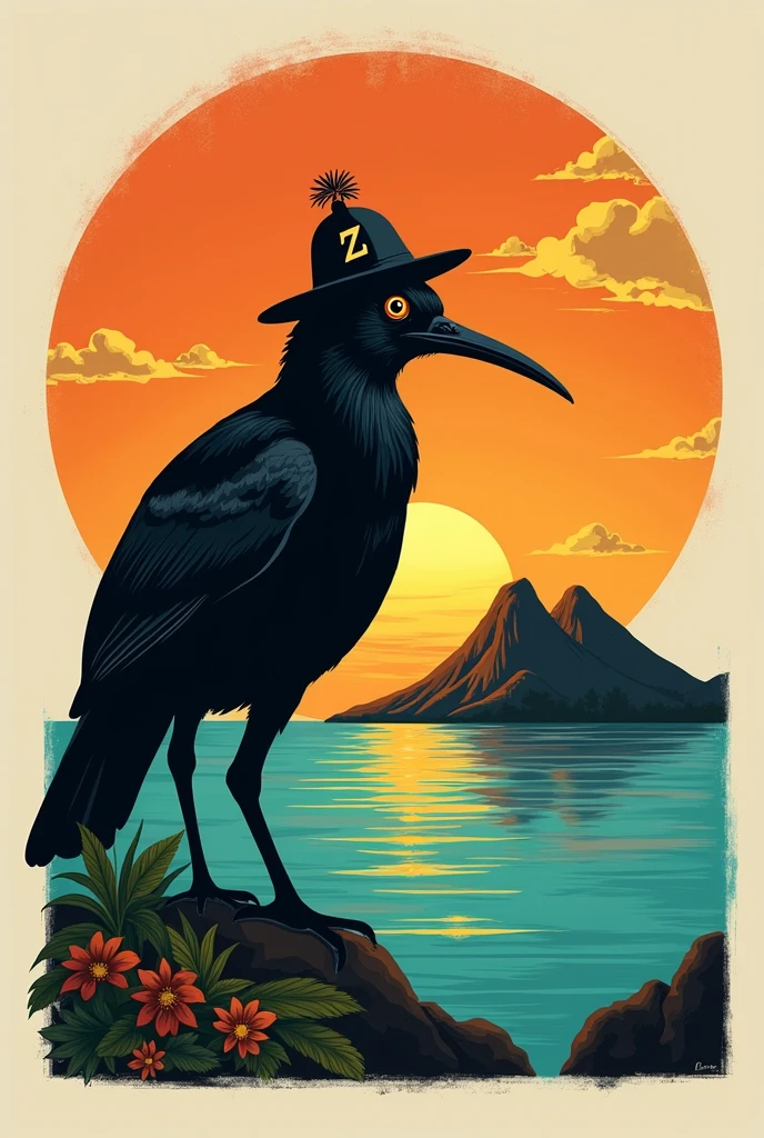 Create a unique logo with: "El Zanate dining room workshop" ( the zanate is a black bird of Nicaraguan origin) and with a dining workshop in Spanish and at the bottom of the zanate an island with 2 volcanoes ( Ometepe Island in Nicaragua)but make it beautiful and memorable with original and unique colors and add a little hat with the letter z to the zanate 