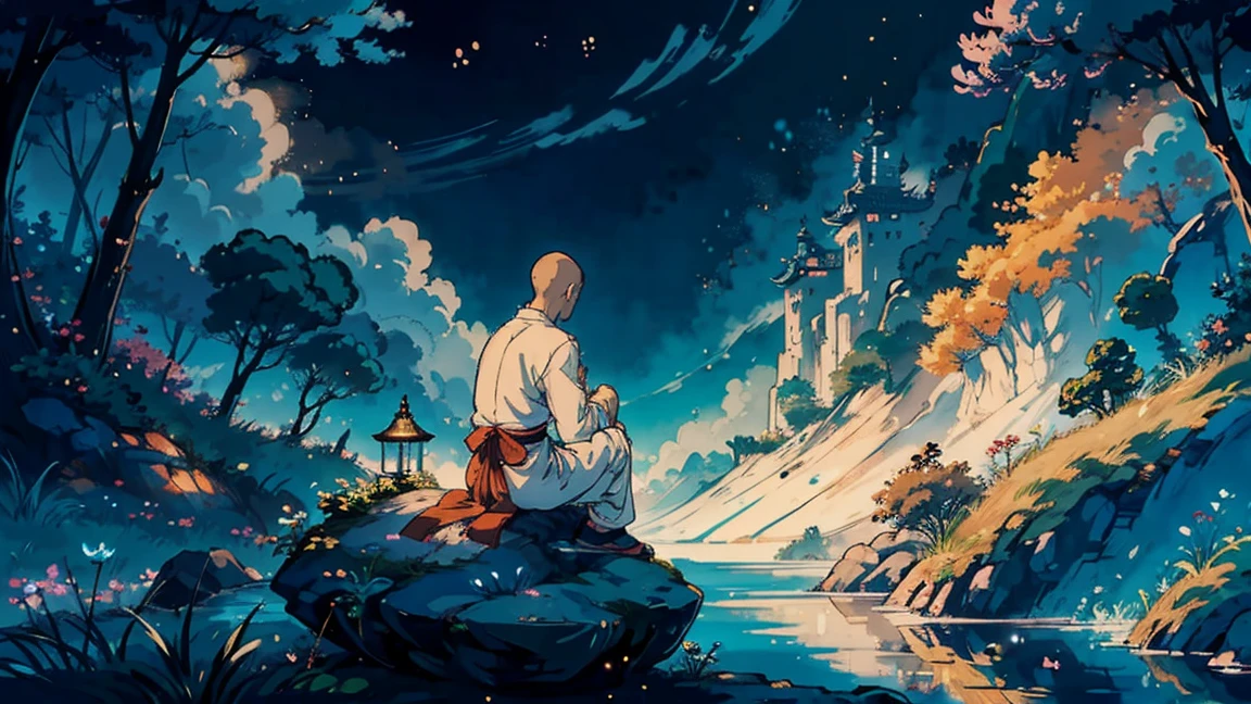Viral anime nature wallpaper in 4K quality, in the style of ghibli, 1 man shaolin monk is sitting from the back, meditating at the top of an immense rock; only 1 water lake is all around; fluffly cotton clouds and shining sparkles in the night sky; ethereal cosmos lights in the sky; meditative atmosphere