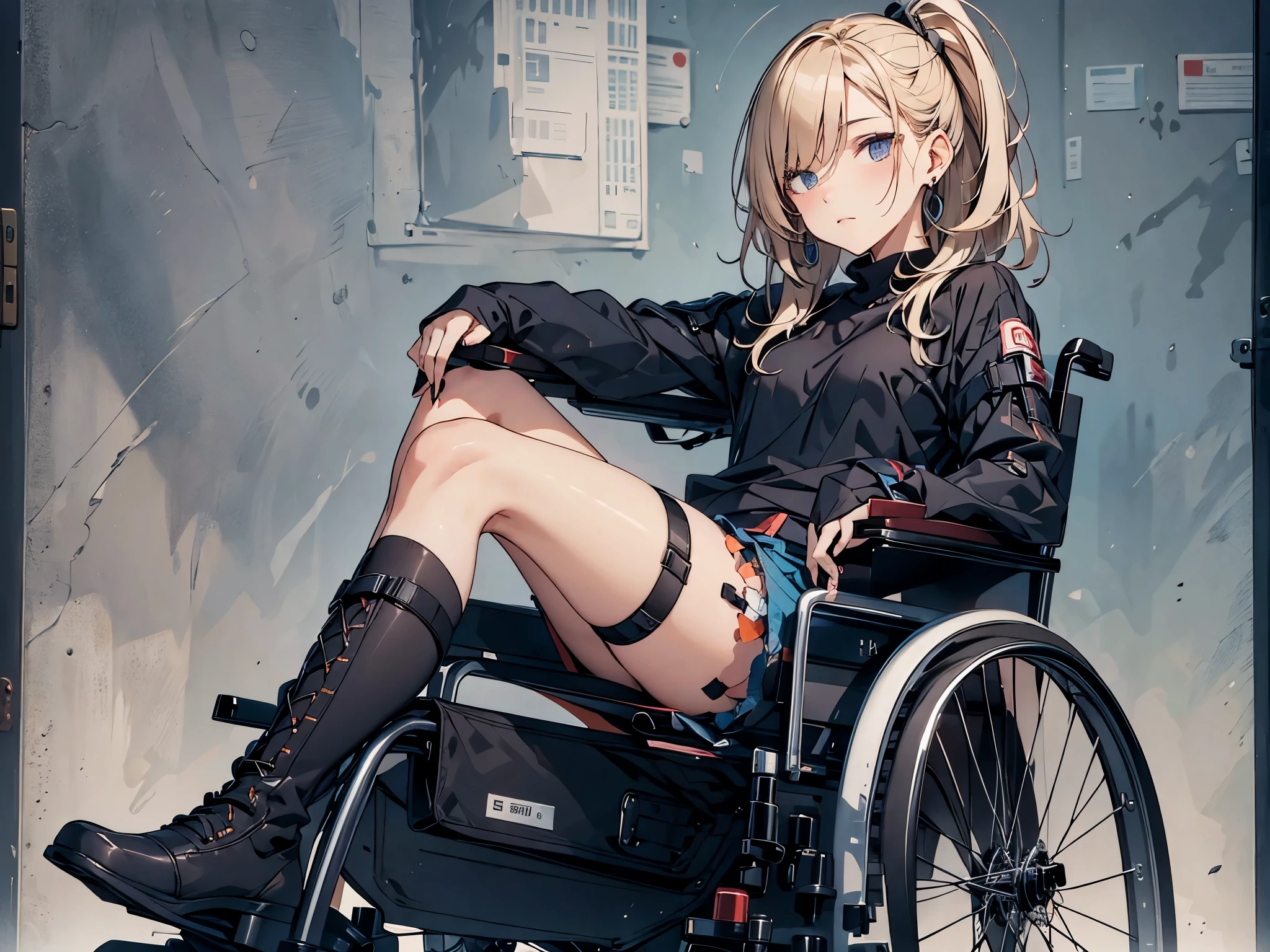 24 years old disabled woman in reclining electric wheelchair,hair above eyes,middle twintales blonde hair,gothic style fashion,pink sweater with vertical lines,black pleated skirt,earrings,garter belt,black knee socks, lace up long boots,arm brace,leg brace.