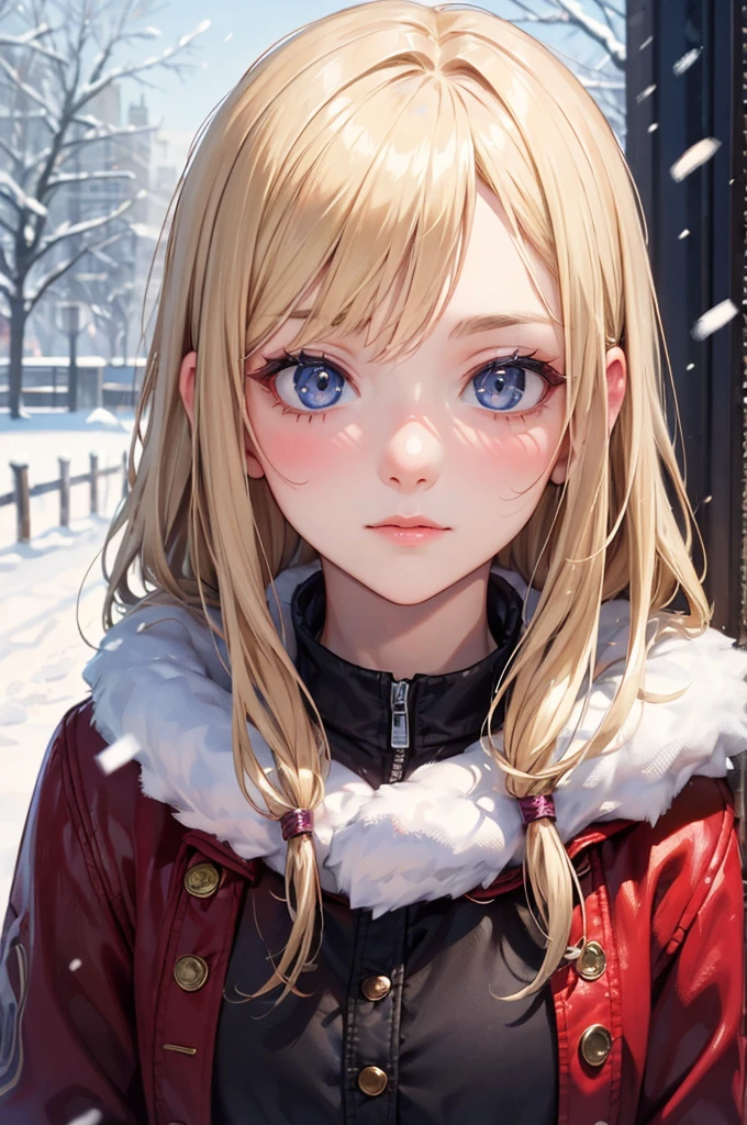 Portrait of a beautiful European ,alone,,Beautiful Face, blonde, Sharp focus,snow day,,from the front,I&#39;m looking forward to,Upper Body,blue eyes,