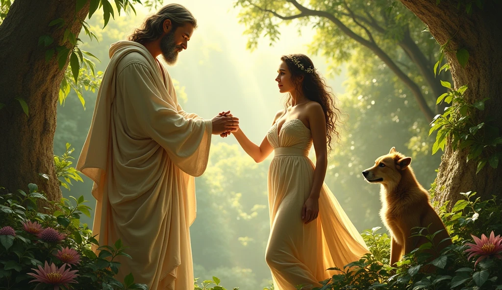 The Creation of Man and Woman: God creating Adam and Eve, highlighting their form in the image of God, with a natural environment in the background, symbolizing the Garden of Eden.
