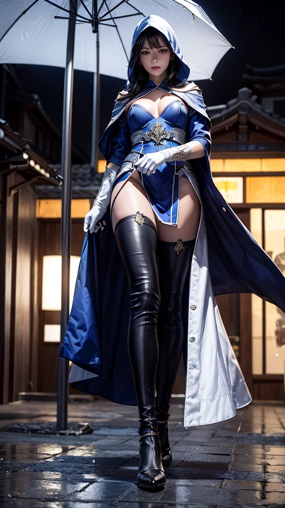 South korea asssassin's creed walk women mystery hooded on with modern royal Blue coat with long and wide sleeves with buttons and royal Blue cape and very high white heel over the knee and white gloves, As she reveals a small secret hidden blade coming from his palm , adding to the characters mysterious, with small movements of air on the cape, in summer at night under the rain, with buildings featuring curved eaves and detailed architecture. sophisticated and highly detailed, ultra hd, realistic, hyper detailed, enhanced colours, ultra sharp focus, with vibrant, rich in details High quality, gorgeous, captivating, 8k, super detailed, stunning shadows, detailed lines, blood stain on coat and gloves, corpses in the street recently murdered