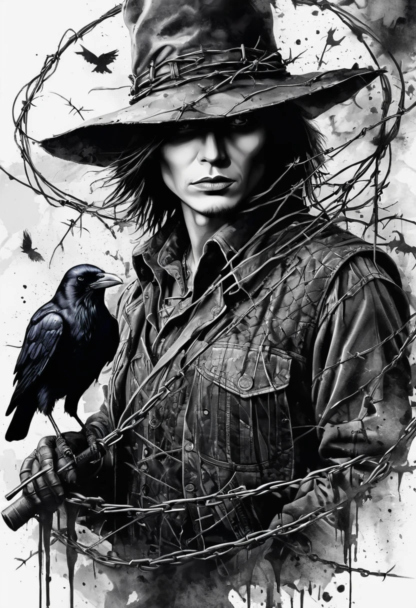 Vektor Create an exquisite ink painting on white paper that is the perfect multi-exposure work of art. This piece was intended to combine the volume-shaded of a Raven and a scarecrow and barbed wire. Hyper realistic.Tattoo style, paint splash, colors in white ,black and white , cinematic, illustration, painting, photo, poster, dark fantasy