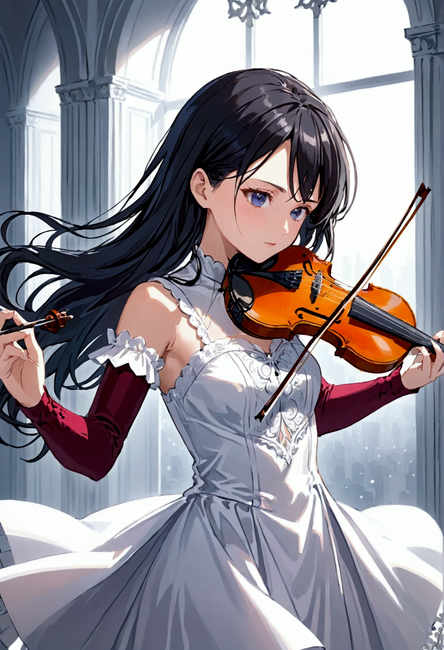 a woman with black long hair playing violin anime, white dress, close up anglee