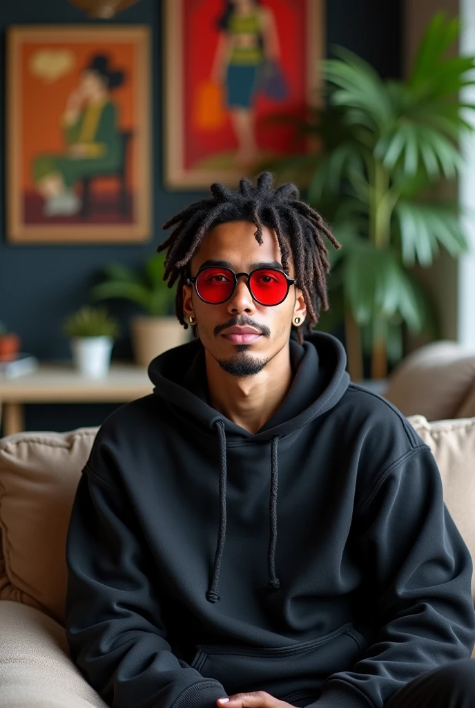 Create a 29 year old Brazilian guy braided hair hoodie red lens glasses sitting on the couch