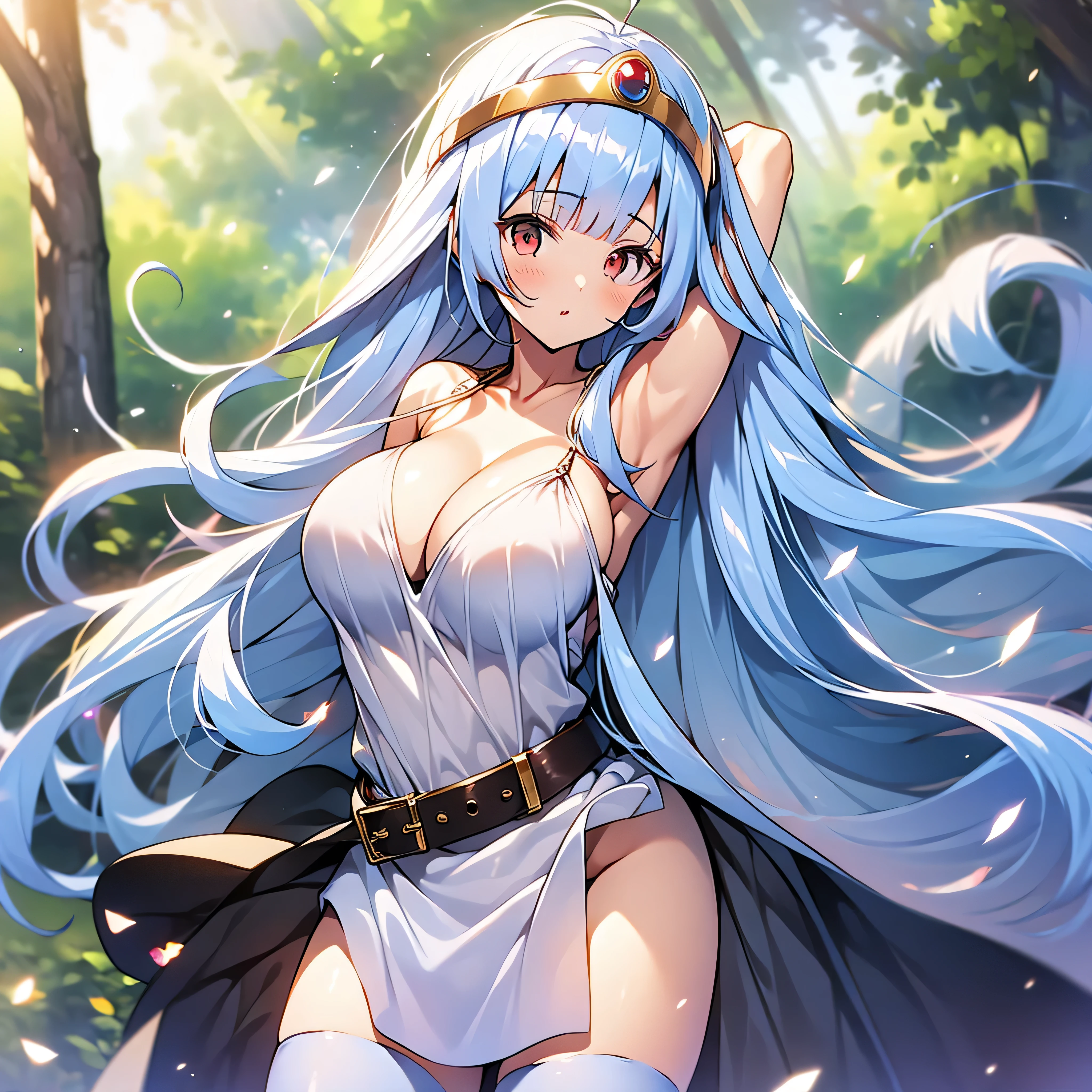 solo, 1 skinny girl standing, Dragon Quest III Sage, tiptoe, (swaying back), arms down backward, dynamic pose, BREAK, bluesky, long straight hair, blunt bangs, circlet, red eyes, BREAK, (bursting disproportionately gigantic huge breasts:1.3), BREAK, bared narrow shoulders, collarbone, very long skinny legs, (white too short dress), white too short skirt, thigh gap, white thighhighs, arm covers, belt cinches waist too tight, BREAK, nsfw, looking at viewer, slipping vagina, orgasm