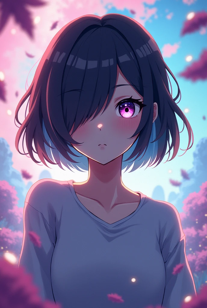 anime character, Female One, with short hair to the ears, with a fringe halfway down, covering one eye and that eye is closed and the open eye with the iris all black ,one eye is closed and has a fringe covering it,
 