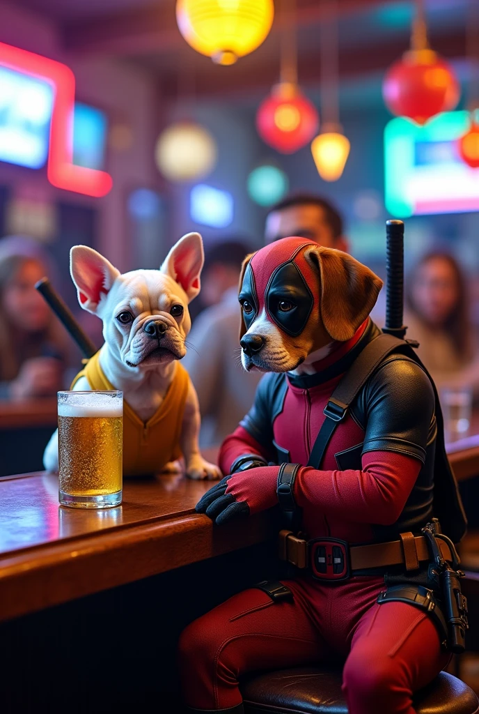 A white French Bulldog dressed as Wolverine sits on the counter with a very cold beer mug to his left. A brown and white Beagle dressed as Deadpool sits on the counter with two katanas behind him and an automatic pistol and beer mug on the counter to his left. They are in a bar with people having fun.