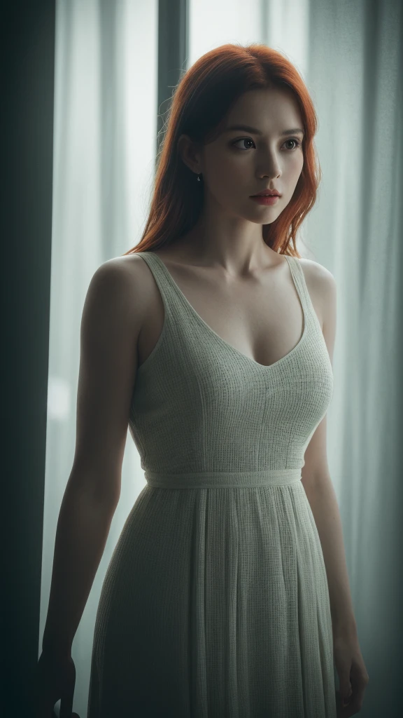 1woman,in the dark,award winning photo,(green tint:0.5),looking to the side,redhead,(best quality,4k,8k,highres,masterpiece:1.2),ultra-detailed,(realistic,photorealistic,photo-realistic:1.37),dramatic lighting,cinematic composition,dramatic shadows,moody atmosphere,natural lighting,intricate details,highly detailed face,beautiful eyes,delicate features,elegant pose,contemplative expression