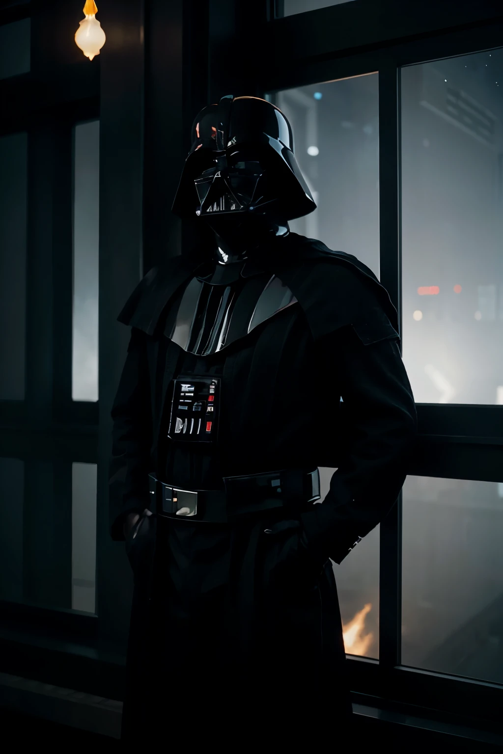 Darth Vader knelling upright on the bridge of the death star. he holds an orb in both hands at waist height. A window behind him displays stars and blackness.