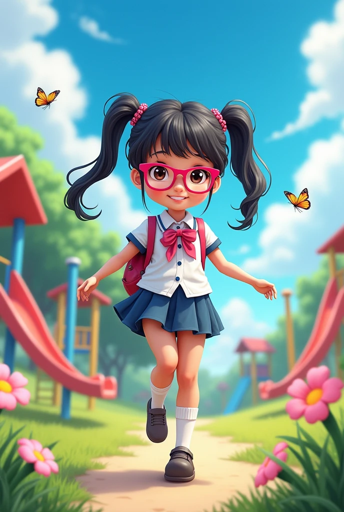 Create a girl, she is , wears pink glasses, has big breasts, her name is Yasmin, wears a white school uniform, has white skin and her hair is tied up, her hair color is black., She's big