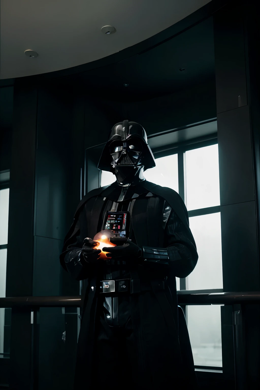 Darth Vader knelling upright on the bridge of the death star. he holds an orb in both hands at waist height. A window behind him displays stars and blackness.