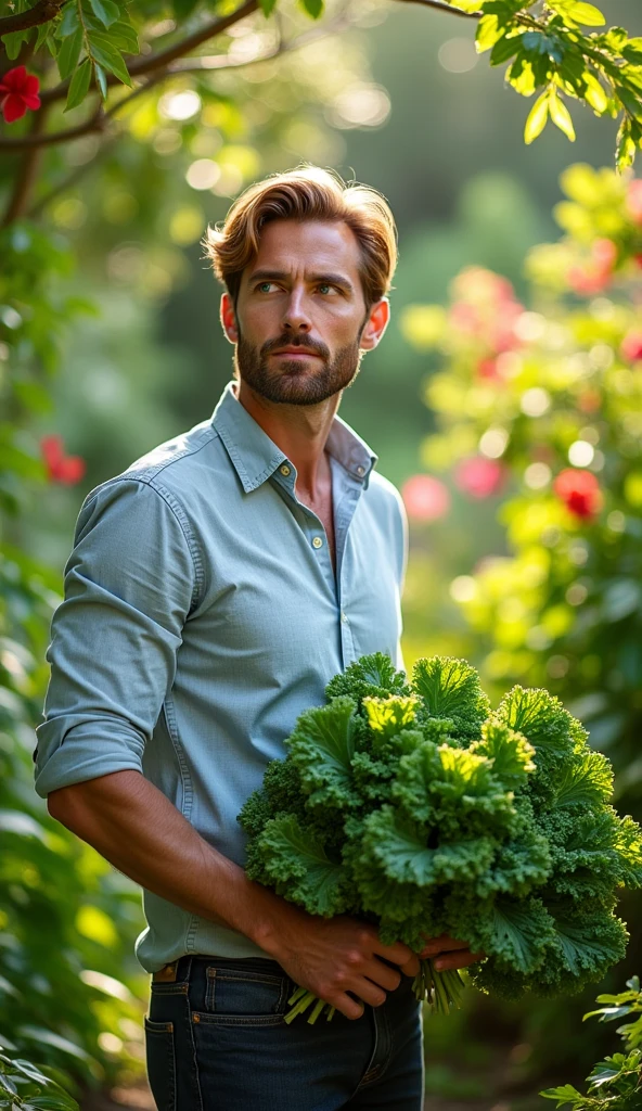 A man with bright blue eyes, chestnut hair, Average complexion, a sculpted chin and an upturned nose, Kale