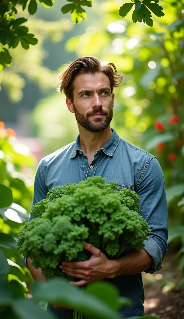 A man with bright blue eyes, chestnut hair, Average complexion, a sculpted chin and an upturned nose, Kale