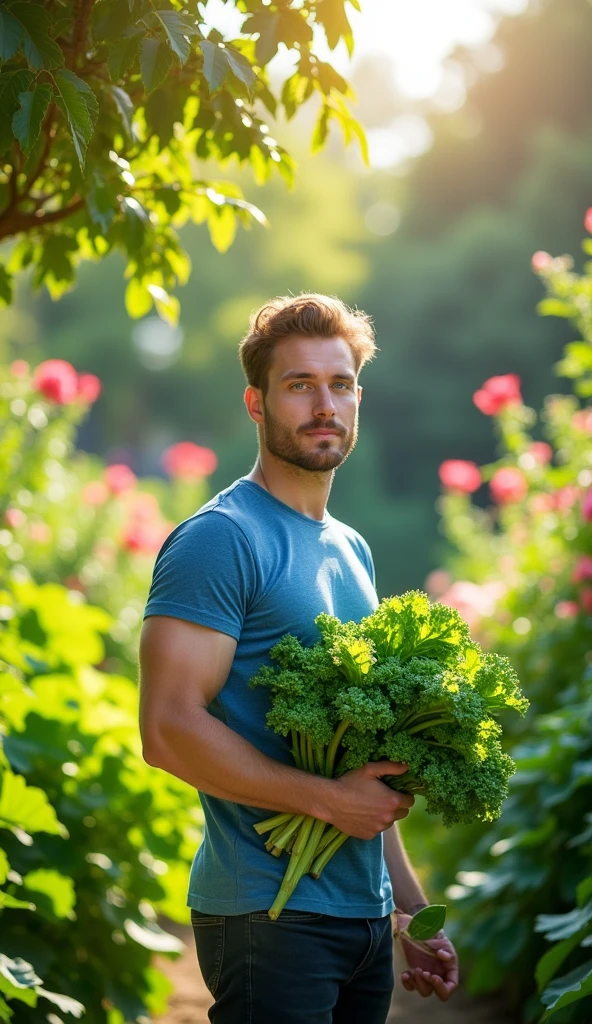 A man with bright blue eyes, chestnut hair, Average complexion, a sculpted chin and an upturned nose, Kale