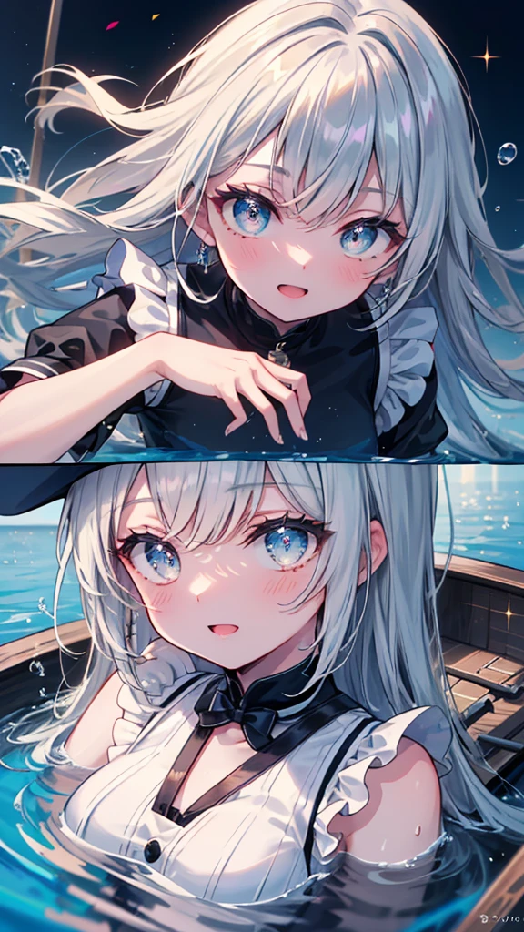 (8k, Highest quality, masterpiece: 1.2),Ultra-high resolution, 1 person, solo, Color changing eyes, Ultra-detailed, Expressive eyes, Highly detailed face, Navy blue maid outfit, Random Hairstyles、Silver gay hair, Rowboat、lake、sunlight, clavicle, Ecstatic expression,Sparkling、splash, Date,