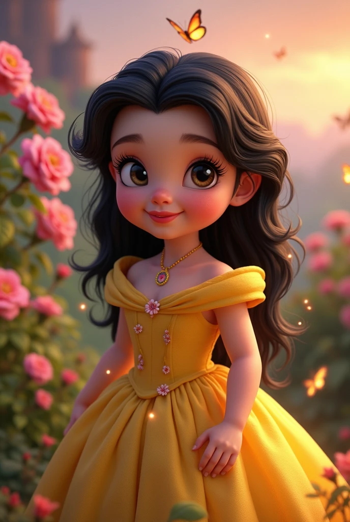 Create an image of the beautiful fairy tale baby Belle from Beauty and the Beast with black hair , dark shaped eyes, pink lips, She's wearing a yellow dress