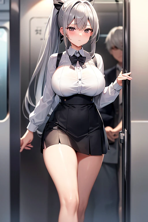 Big Breasts、Silver Hair、semi-long、ponytail、Black fishnet stockings、、Summer uniform、White Shirt、Gray mini skirt、Long, slender legs、Emphasize the chest、Shy face、crowded train、High resolution、masterpiece、Highest quality、High-resolution model