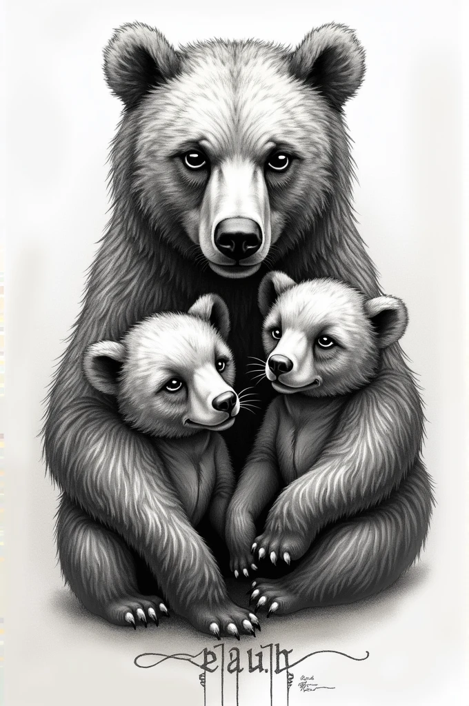 Detailed tattoo sketch of bear and 2 cubs, with names Beau and sarah written in Viking runes.