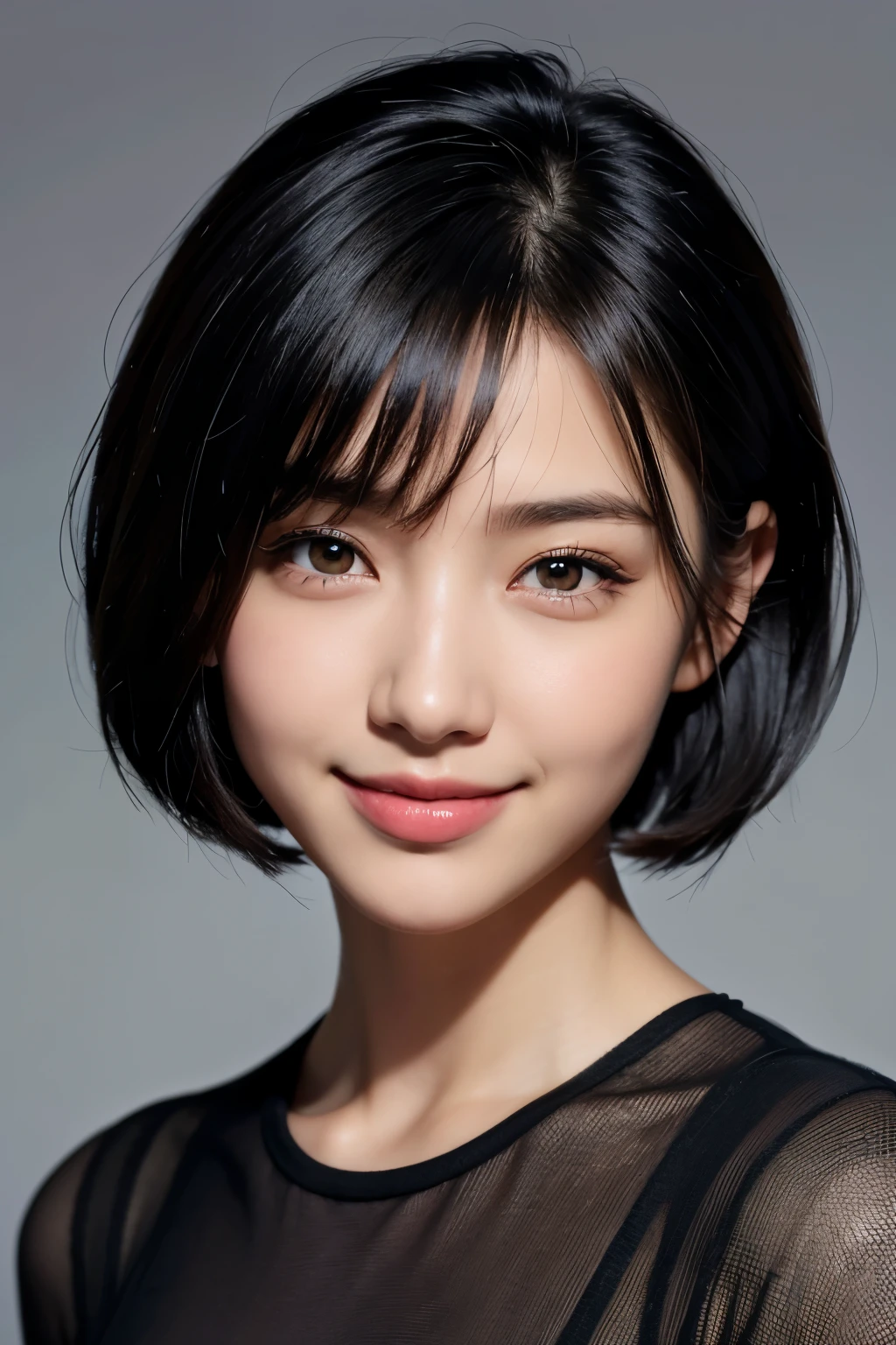 One person, High resolution, Gaze, smile, Black Hair, Background blur, Simple Background, Super detailed, Short Bob,