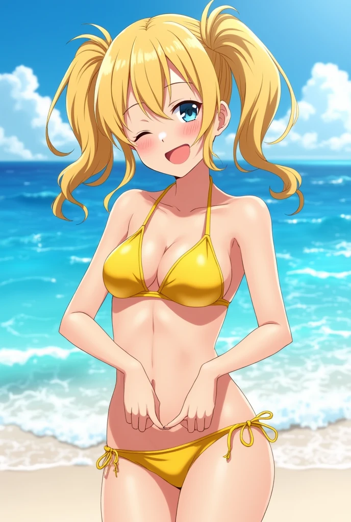 A 14Y/O anime girl in yellow bikini blonde hair and her underwear being scratched