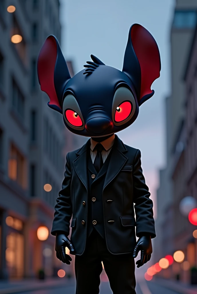 Height: Short and compact.
head: A head similar to Stitch, but with black skin and bright red eyes.
tenue: Wear an elegant suit, with a classic and sophisticated style, In the black color, and black gloves that accentuate its mysterious look.
pants: Black and fitted, complementing the suit.