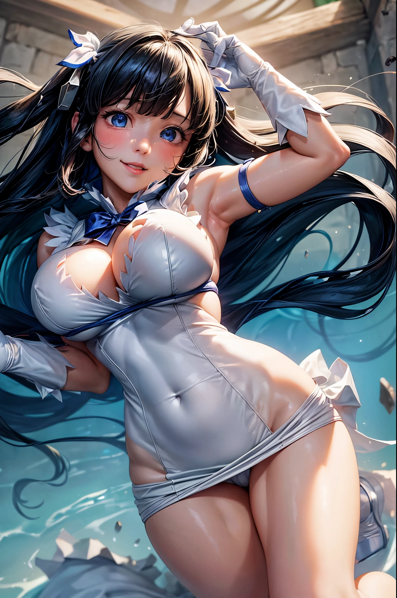 (masterpiece, Highest quality:1.3), (Super detailed:1.4),(Super detailed顔:1.2),(Super detailed目:1.2), (hyperRealistic:1.3), (RAW Photos:1.2), High-definition RAW color photos, Professional photos, (PhotoRealistic:1.4), (Realistic:1.4),8k,Professional Lighting, Perfect Anatomy, BREAK,(Big Breasts:1.6),(blush:1.2),(Bright smile:1.2),detail, Sharp focus, dramatic,dutch angle,hestia (danmachi), long hair, blue ribbon, twintails, gloves, ribbon, dress, Rei no himo, Blue eyes, black hair, white gloves, cleavage, white dress, hair ribbon, bow, sleeveless, sleeveless dress, bangs, cleavage cutout, hair ornament, bowtie, clothing cutout, very long hair, covered navel, arm ribbon,(Sexy gravure pose:1.2)