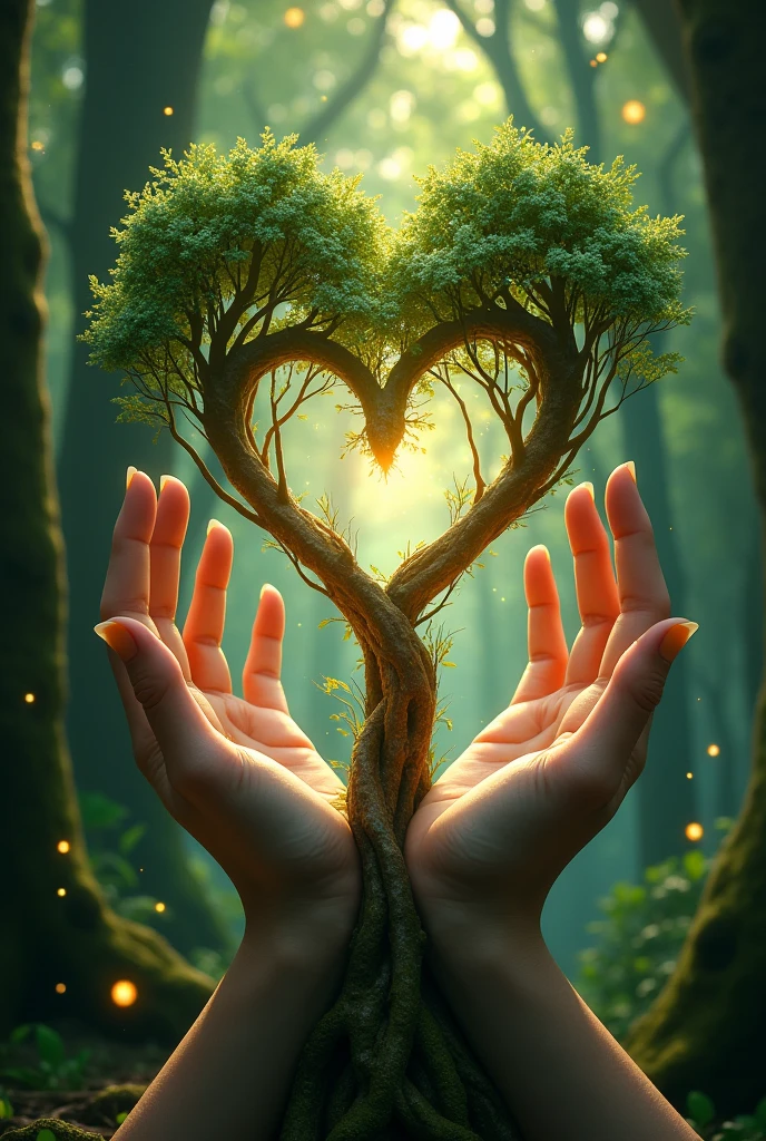 Hands joined in the shape of a heart literally, where from the arteries formed by the heart-shaped hands come out tree roots that join together and form a symmetrical elven tree