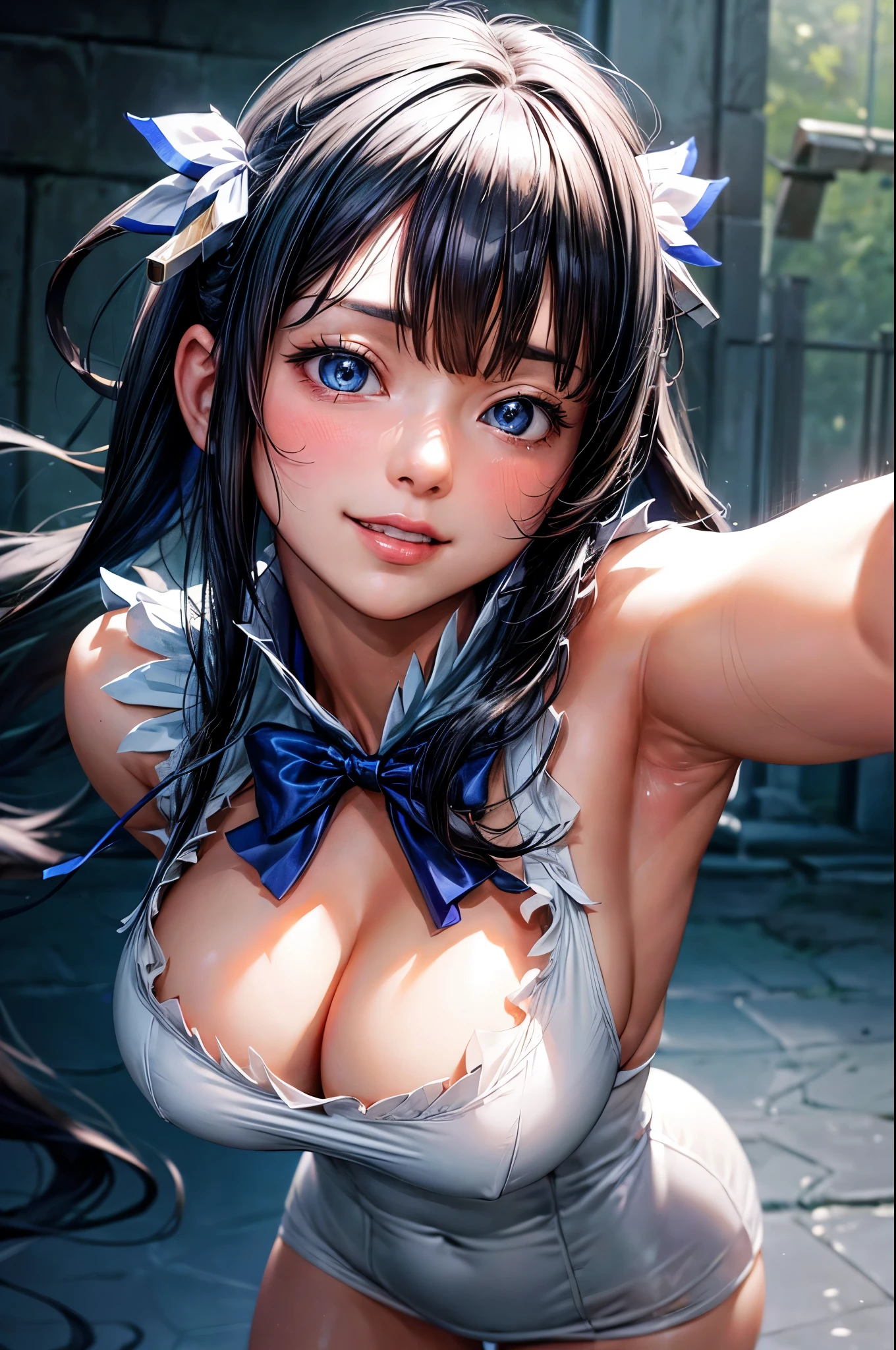 (masterpiece, Highest quality:1.3), (Super detailed:1.4),(Super detailed顔:1.2),(Super detailed目:1.2), (hyperRealistic:1.3), (RAW Photos:1.2), High-definition RAW color photos, Professional photos, (PhotoRealistic:1.4), (Realistic:1.4),8k,Professional Lighting, Perfect Anatomy, BREAK,(Big Breasts:1.6),(blush:1.2),(Bright smile:1.2),detail, Sharp focus, dramatic,dutch angle,hestia (danmachi), long hair, blue ribbon, twintails, gloves, ribbon, dress, Rei no himo, Blue eyes, black hair, white gloves, cleavage, white dress, hair ribbon, bow, sleeveless, sleeveless dress, bangs, cleavage cutout, hair ornament, bowtie, clothing cutout, very long hair, covered navel, arm ribbon,(Sexy gravure pose:1.2)