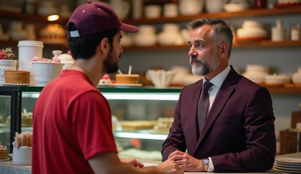 A handsome young he is only 24 year old guy who is a staff at a cake shop, is wearing a red T-shirt and a cap. He is talking to a customer from the other side of the counter, who is wearing a dark purple 3 piece suit. He is 40 years old, has black hair but light white beard. 