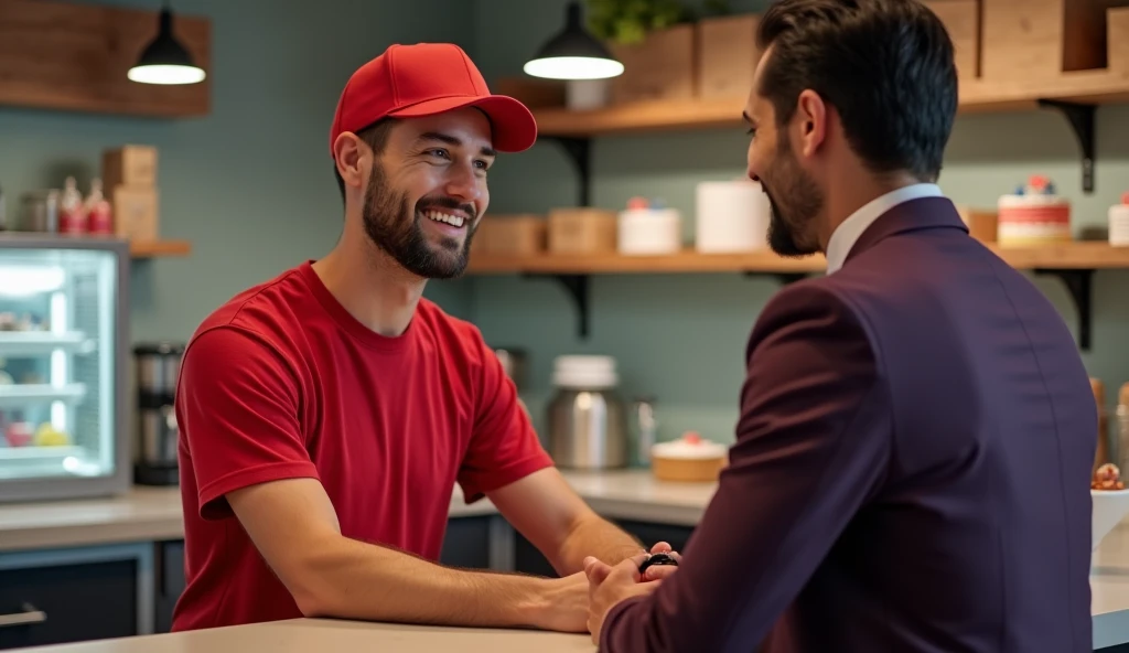 A handsome young he is only 24 year old guy who is a staff at a cake shop, is wearing a red T-shirt and a cap. He is talking to a customer from the other side of the counter, who is wearing a dark purple 3 piece suit. He is 40 years old, has black hair but light white beard. 